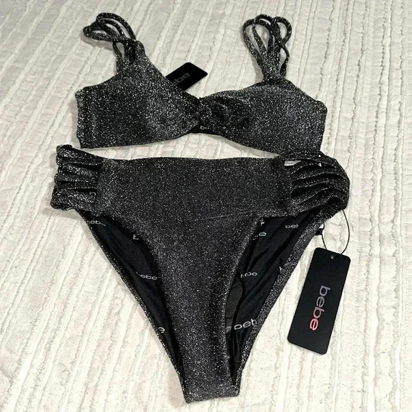 BEBE SZ S Black Metallic Bikini swimsuit - Picture 1 of 5